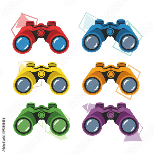Set of colorful binoculars, icons for travel, exploration, and discovery