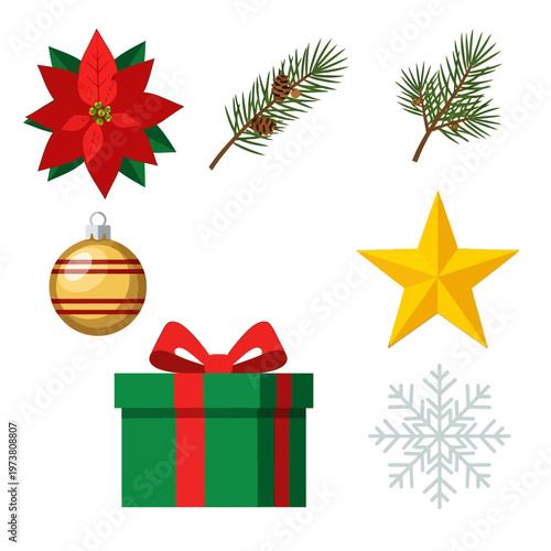Christmas Icons: Poinsettia, Pine, Gift Box, Bauble, Star, Snowflake