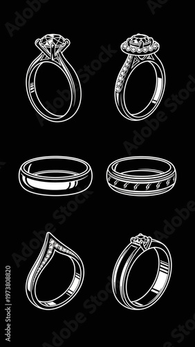 Collection of Hand-Drawn Engagement and Wedding Rings on Black Background