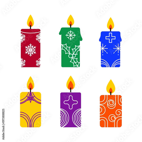 Colorful Christmas Candles with Festive Decorations - Vector Illustration