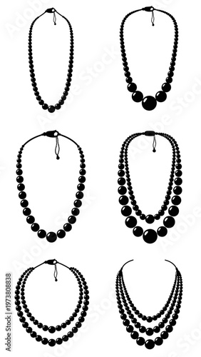Collection of Six Black Pearl Necklaces Silhouette Icons