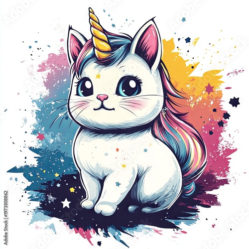 A cute unicorn cat in a vector doodle style, featuring a charming and humorous animal design, isolated on a white background, ideal for t-shirts, posters, and postcards