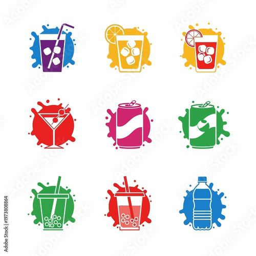 Colorful Refreshing Drinks and Beverages Icons Set
