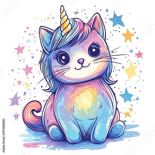 A cute unicorn cat in a vector doodle style, featuring a charming and humorous animal design, isolated on a white background, ideal for t-shirts, posters, and postcards