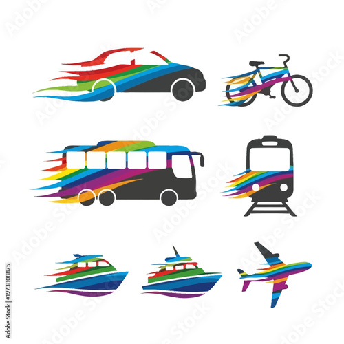 Colorful Transportation Icons: Car, Bus, Train, Bike, Boat, Airplane