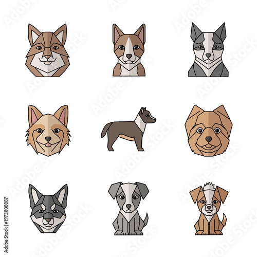 Cute Dog Faces and Body Pixel Art Icons Set