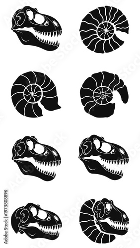 Dinosaur Skulls and Ammonites Silhouette Set
