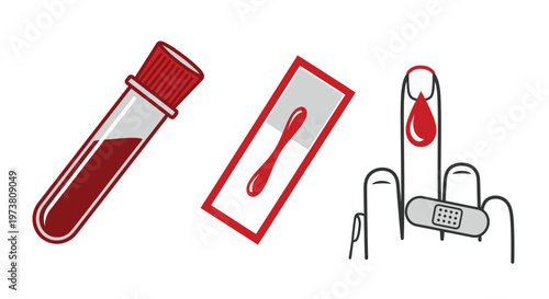 Vector Illustration Of Blood Test Tube, Lancet, And Finger Prick For Medical Diagnostic Concept Medical Health Icons Isolated On Transparent Background