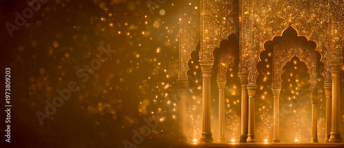 Golden Indian festive background with glowing arches and sparkling light