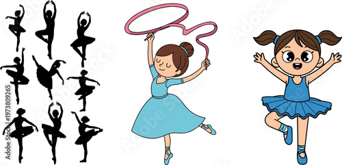 Ballet Dancer Girl Character Set with Ribbon Dance Silhouettes Cute Cartoon Ballerina Poses Elegant Movement Illustration Collection for Performance Design