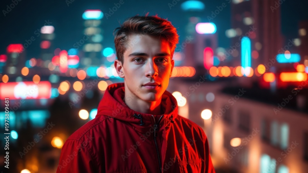 Fototapeta premium Young man standing against city night bokeh background