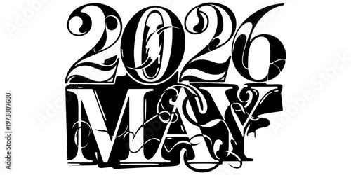 May 2026 calendar month typographic design with glitch effect. Creative black and white distressed lettering for year 2026 spring season. Artistic distorted text isolated on white background.