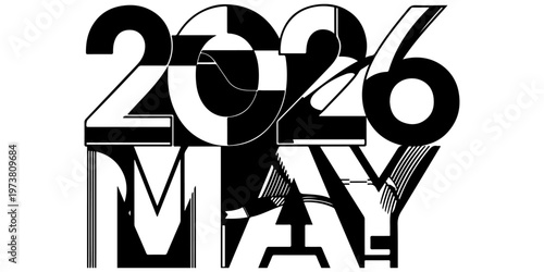 May 2026 calendar month typographic design with glitch effect. Creative black and white distressed lettering for year 2026 spring season. Artistic distorted text isolated on white background.