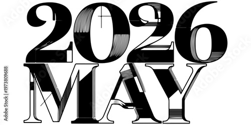 May 2026 calendar month typographic design with glitch effect. Creative black and white distressed lettering for year 2026 spring season. Artistic distorted text isolated on white background.