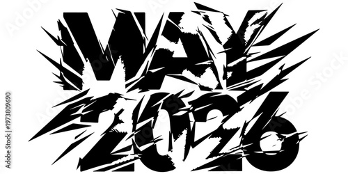 May 2026 calendar month typographic design with glitch effect. Creative black and white distressed lettering for year 2026 spring season. Artistic distorted text isolated on white background.