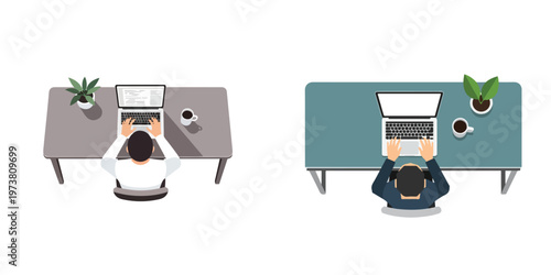 A minimalist flat-style vector showing an individual typing on a laptop at a sleek workspace, featuring a mug of coffee and a small potted plant, without outlines, set on a white background.