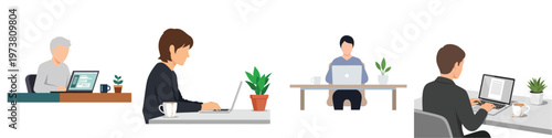Flat minimalist vector of a person typing on a laptop at a sleek desk, with a coffee mug and small plant, no outlines, white background.