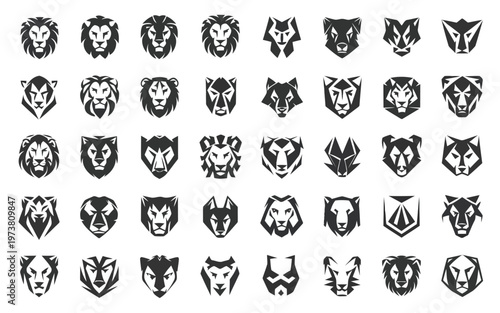 Diverse stylized animal crests and heraldic symbols featuring lions, wolves, and other creatures Vector