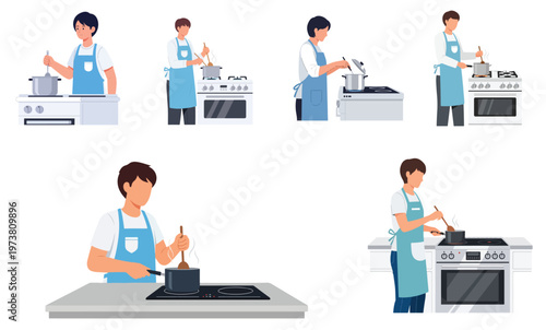 Flat minimalist vector of a person wearing an apron, stirring a pot on a modern stove, no outlines, clean composition, white background