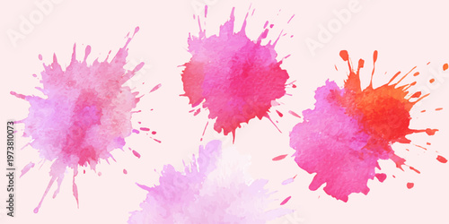Artistic abstract watercolor background featuring vibrant red ink splashes and pink paint splatters on a textured paper pattern with colorful grunge brush blots and decorative artistic stains