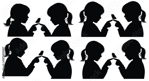 Silhouettes of children interacting with butterflies in a repeating pattern