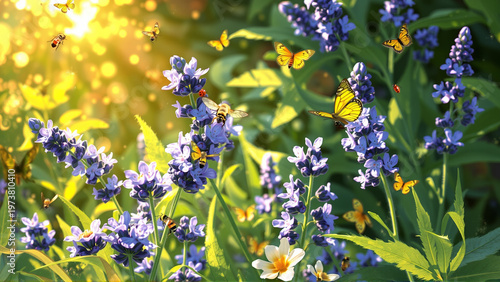 Butterflies flying over blue flowers in the rays of the setting sun