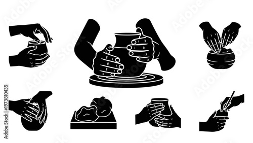 Pottery Making Process Icons: Hands Shaping Clay on Potter's Wheel and Other Techniques