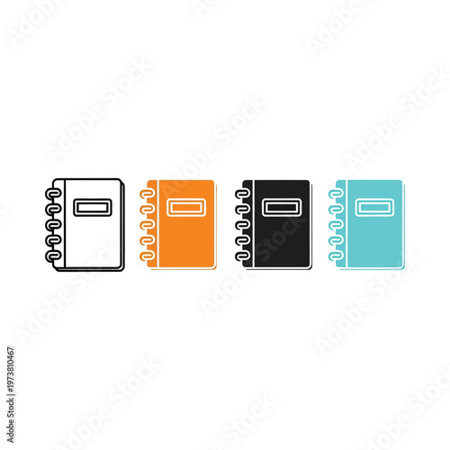 Four colorful notebooks with spiral bindings and labels displayed in a row