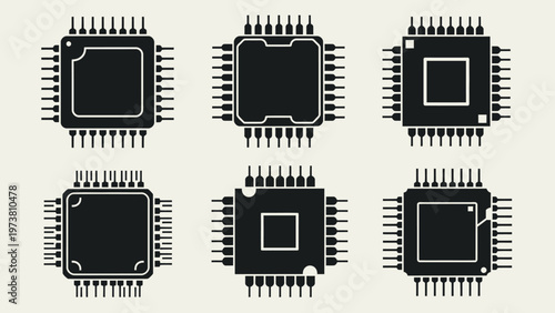 Set of black microchip icons on light background. Computer processor icons.