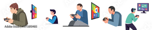 Flat minimalist vector of a person holding a game controller, focused on an off-screen monitor, no outlines, white background.