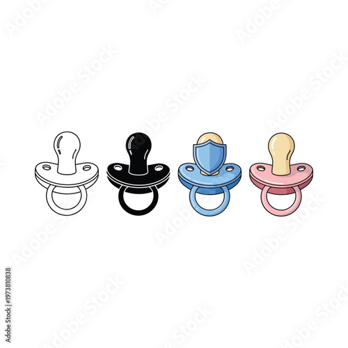 Four colorful pacifiers displayed in a simple and clean illustration style