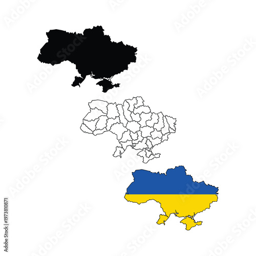 Ukraine's national flag and regional map with trident emblem representation