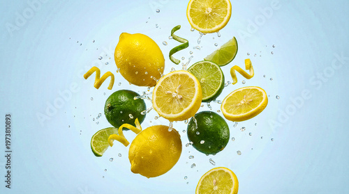 Fresh flying lemons and limes with splashing water droplets and curled citrus peels levitating on a light blue background