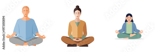 Flat minimalist vector of a person sitting in a lotus position, calm and serene, surrounded by a simple glow, no outlines, white background.