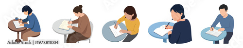Flat minimalist vector of a person curled up in an armchair reading a large hardcover book, no outlines, solid colors, white background