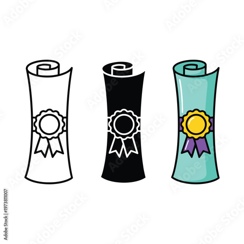 Three scrolls with different colored ribbons and seals representing awards or achievements
