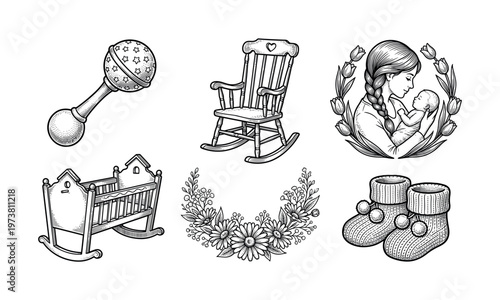 A set of vintage newborn baby icons in a hand-drawn engraving style. Includes mother and child, cradle, and rattle. Perfect for baby shower invitations or nursery decor.