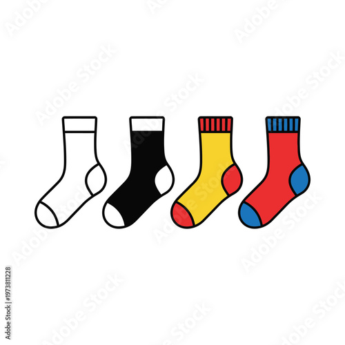 Four stylishly colored pairs of socks displayed in a row for comparison.