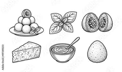 Set of vintage hand drawn food illustrations. Includes mozzarella, cheese, basil, and sauce. Perfect for Italian restaurant menus, packaging, or recipe designs. Engraving style sketch.