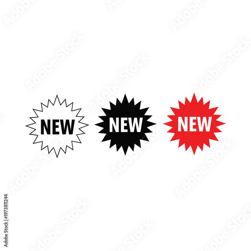 Three stylish new product badges in different colors and styles