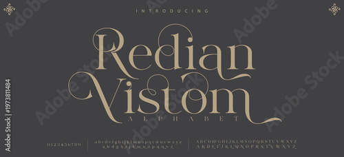 Redian Vistom Elegant font alphabet uppercase lowercase and number. Classic lettering minimal fashion designs. Typography modern serif fonts regular decorative vintage concept. Vector illustration