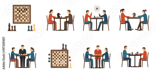 A simple flat vector design depicting two people at a table playing a complex board game with numerous components, no linework, against a clean white background.