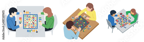 A flat minimalist vector illustration of two people seated at a table playing an intricate board game with multiple pieces, no outlines, on a white background
