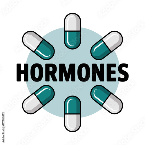 A vector graphic illustration of hormone capsules in a circular pattern with a bold text label