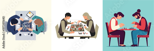 A flat minimalist vector illustration of two people seated at a table playing an intricate board game with multiple pieces, no outlines, on a white background