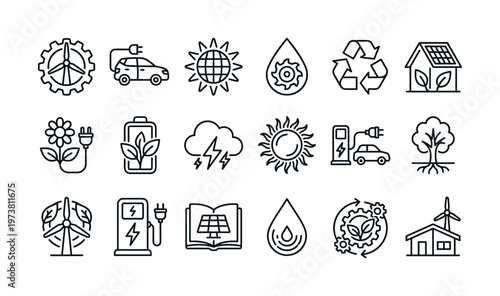 Set of renewable energy line icons. Sustainable and eco friendly technology symbols for green power, ecology, and conservation concepts. Vector illustration for web and infographics.