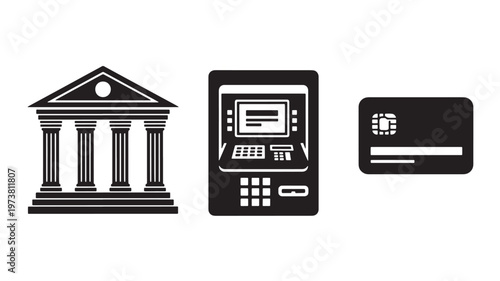 Vector Illustration Of Bank Building, Atm Machine, And Credit Card For Banking And Finance Concept Isolated On Transparent Background