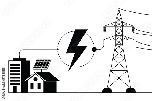 Smart energy grid and electricity transmission network vector set, connecting city homes with solar power, renewable energy, and modern infrastructure for urban design projects