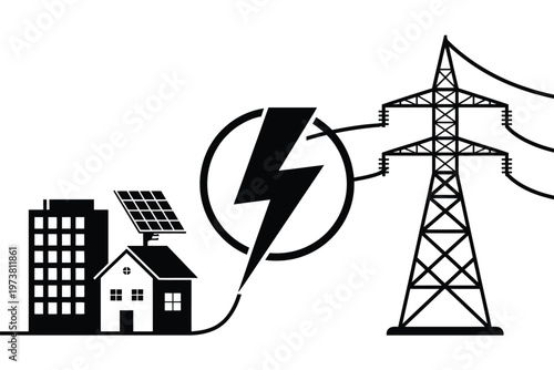 Smart energy grid vector set connecting city homes, solar power panels, and electricity transmission network, illustration for renewable energy, urban infrastructure, and power distribution projects