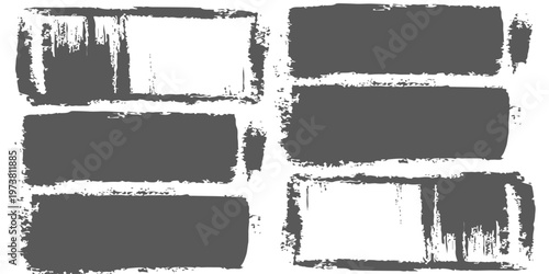 Abstract Dark Grey Paint Stroke Pattern, Grungy Rectangular Brush Textures on White Background. Hand-drawn, distressed vector elements feature ink splatters and rough edges